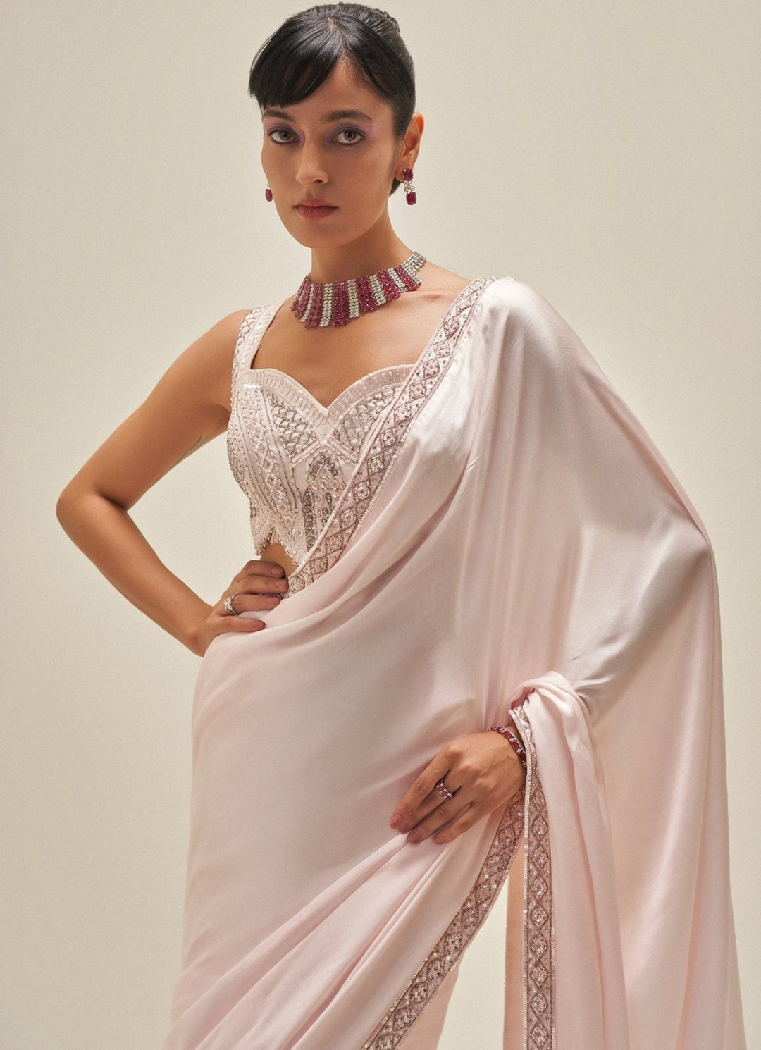 Blush Pink Satin Embroidered Saree Set Angad Singh - Fabilicious Fashion