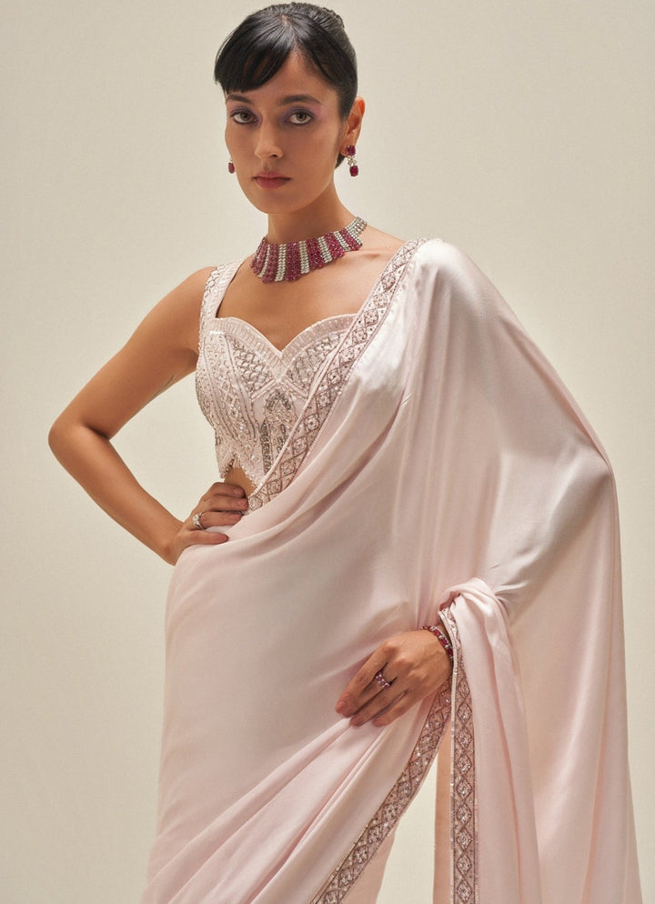 Blush Pink Satin Embroidered Saree Set Angad Singh - Fabilicious Fashion