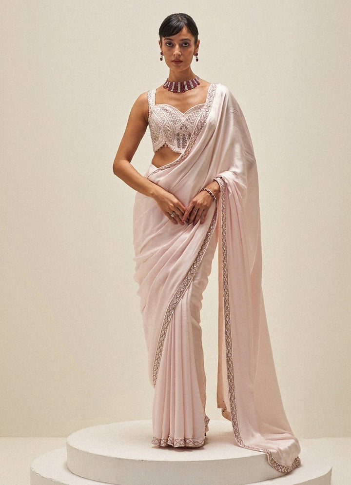Blush Pink Satin Embroidered Saree Set Angad Singh - Fabilicious Fashion