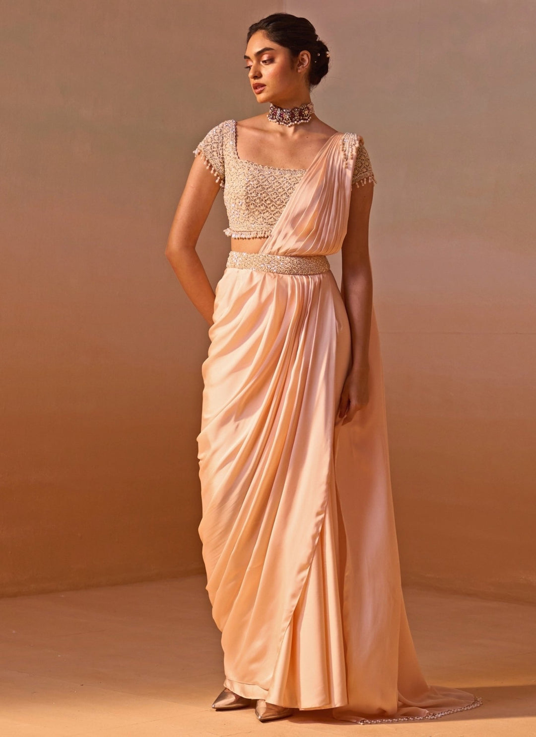 Nitika Gujral Blush Pink Satin Pre Draped Saree SetFabilicious Fashion