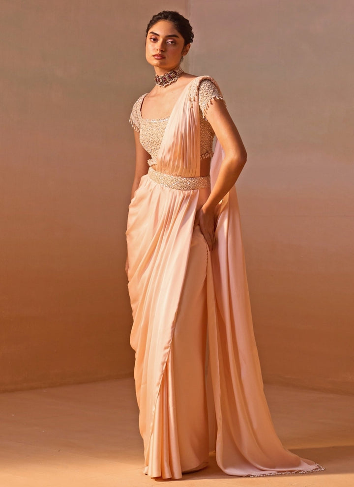Nitika Gujral Blush Pink Satin Pre Draped Saree SetFabilicious Fashion