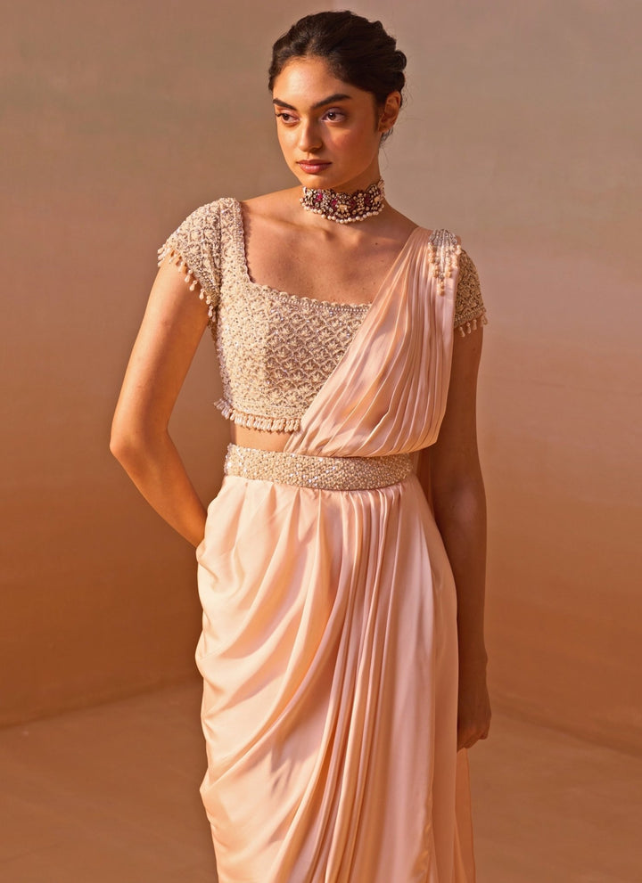 Nitika Gujral Blush Pink Satin Pre Draped Saree SetFabilicious Fashion