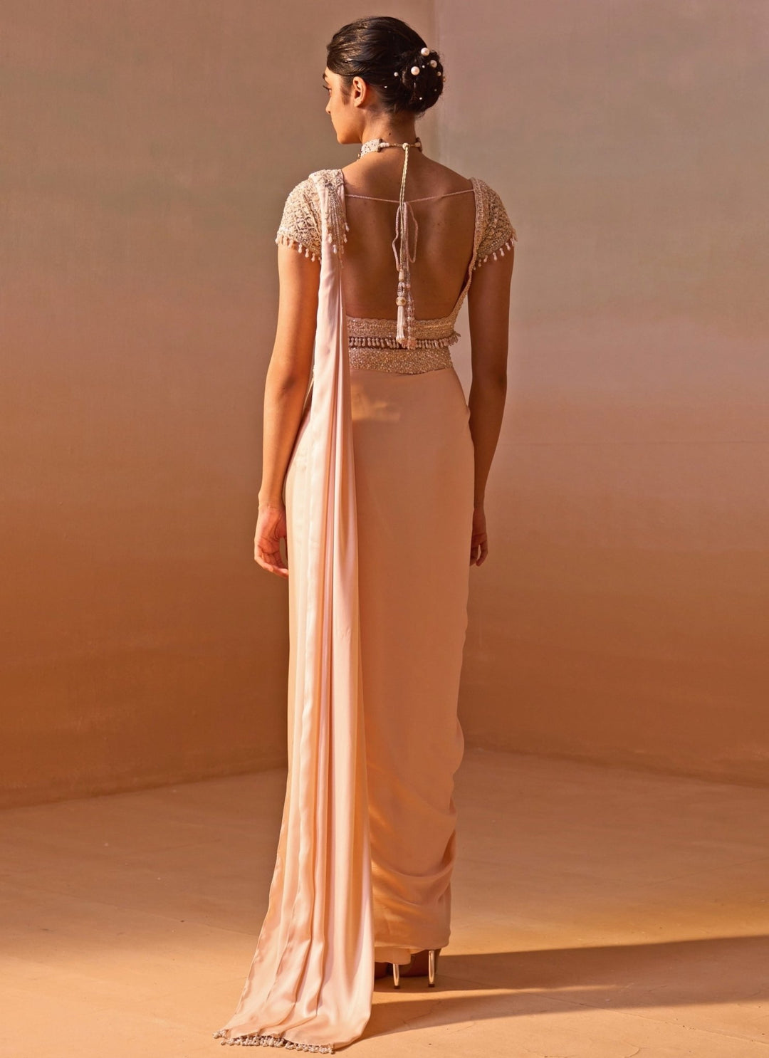 Nitika Gujral Blush Pink Satin Pre Draped Saree SetFabilicious Fashion