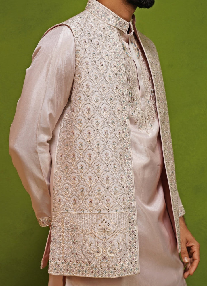 Kalpraag Blush Pink Satin Silk Kurta Jacket SetFabilicious Fashion