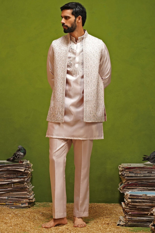 Blush pink satin silk kurta jacket set for men by Kalpraag