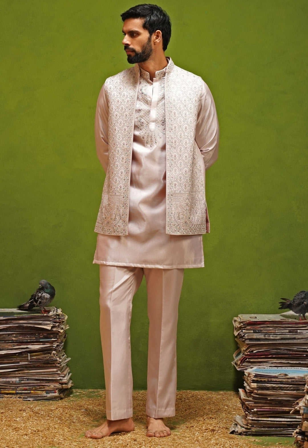 Kalpraag Blush Pink Satin Silk Kurta Jacket SetFabilicious Fashion