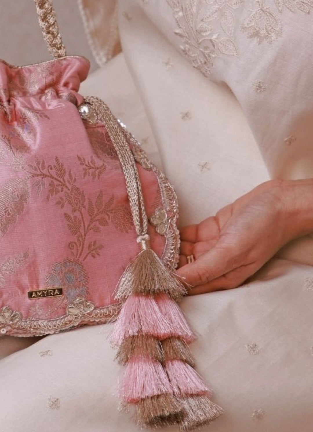 Blush Pink Scallop Silk Potli Amyra - Fabilicious Fashion
