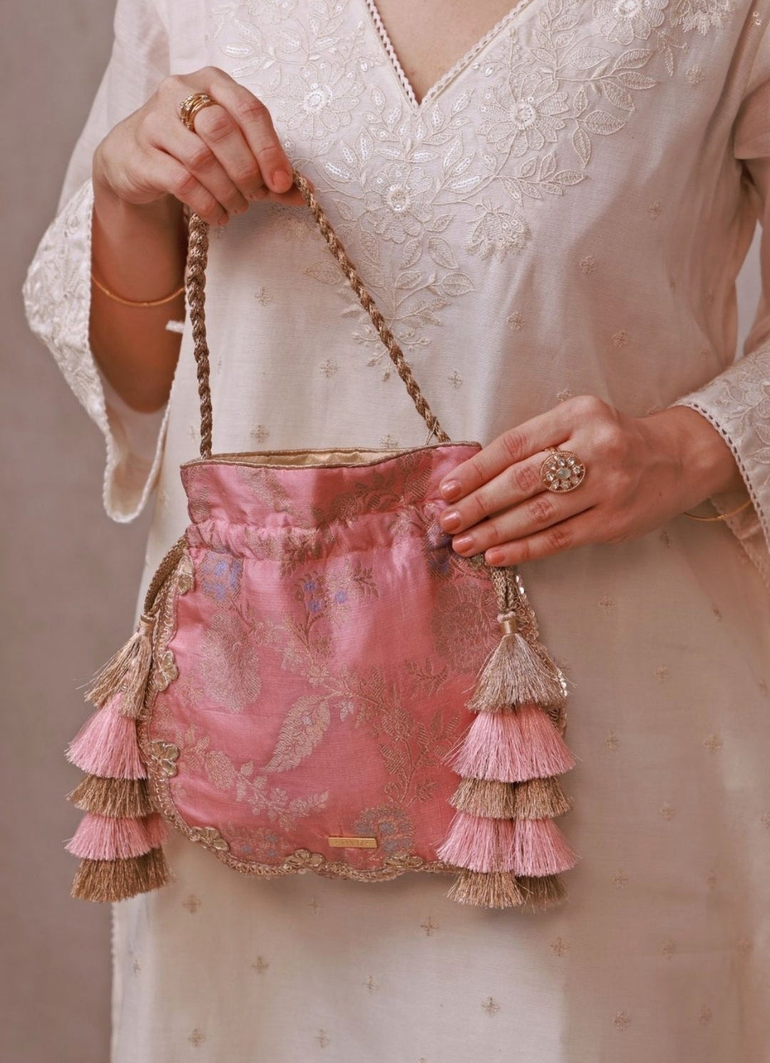 Blush Pink Scallop Silk Potli Amyra - Fabilicious Fashion