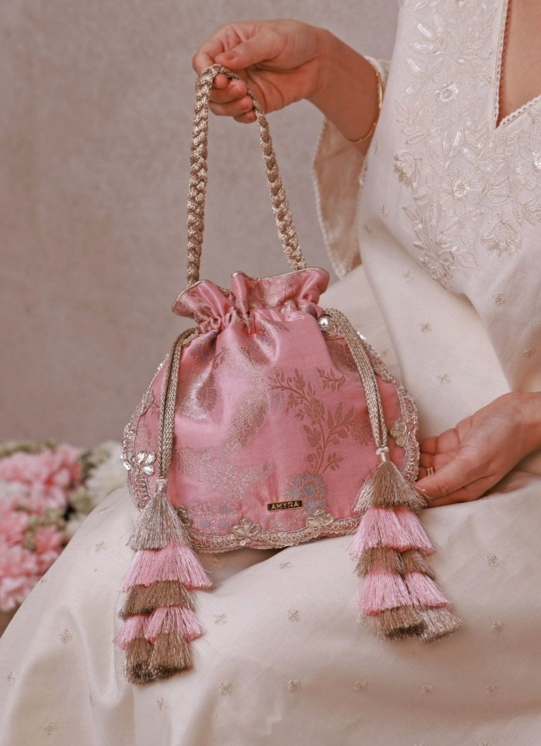 Blush Pink Scallop Silk Potli Amyra - Fabilicious Fashion