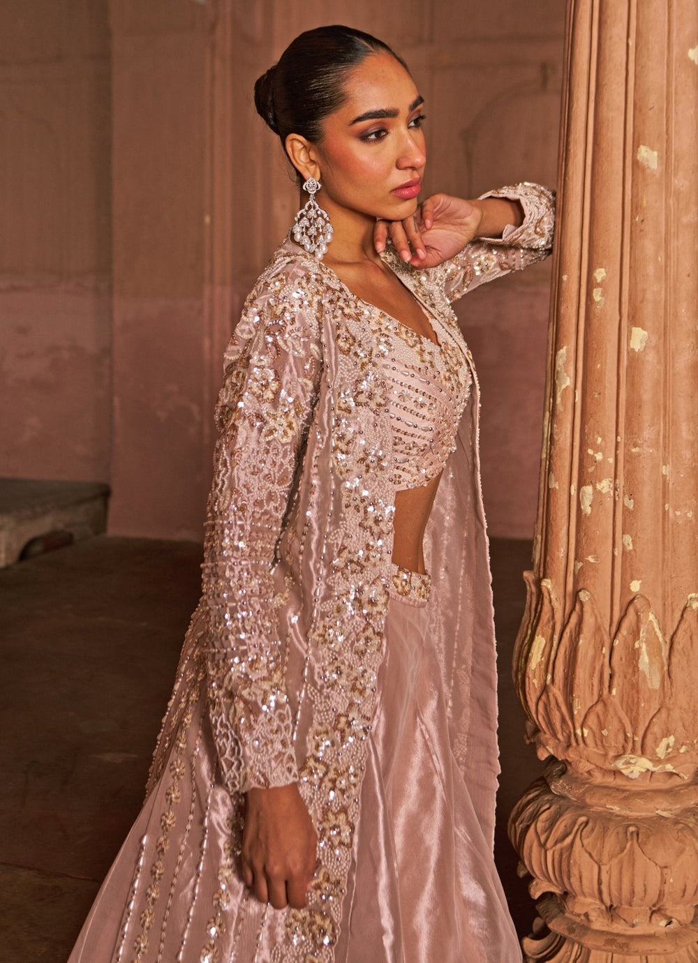 Blush Pink Sequin Embroidered Lehenga Set With Cape Nidhika Shekhar - Fabilicious Fashion