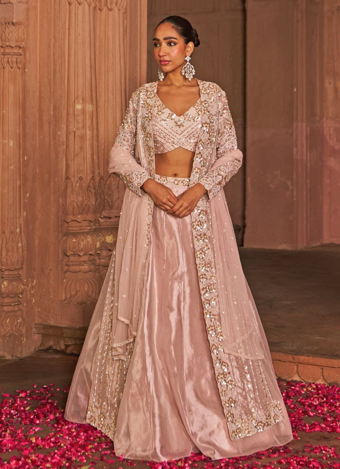 Blush Pink Sequin Embroidered Lehenga Set With Cape Nidhika Shekhar - Fabilicious Fashion