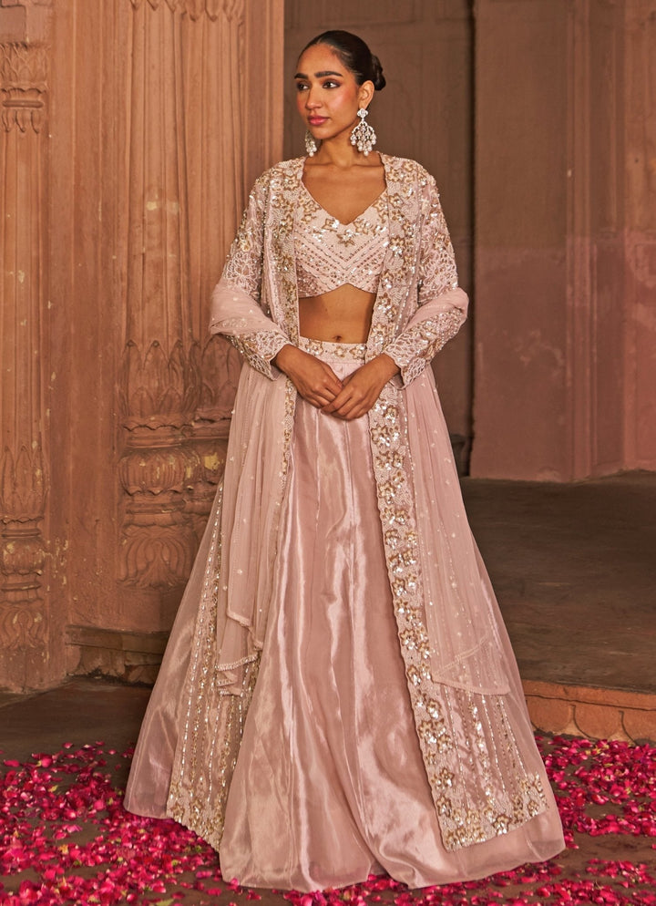 Blush Pink Sequin Embroidered Lehenga Set With Cape Nidhika Shekhar - Fabilicious Fashion