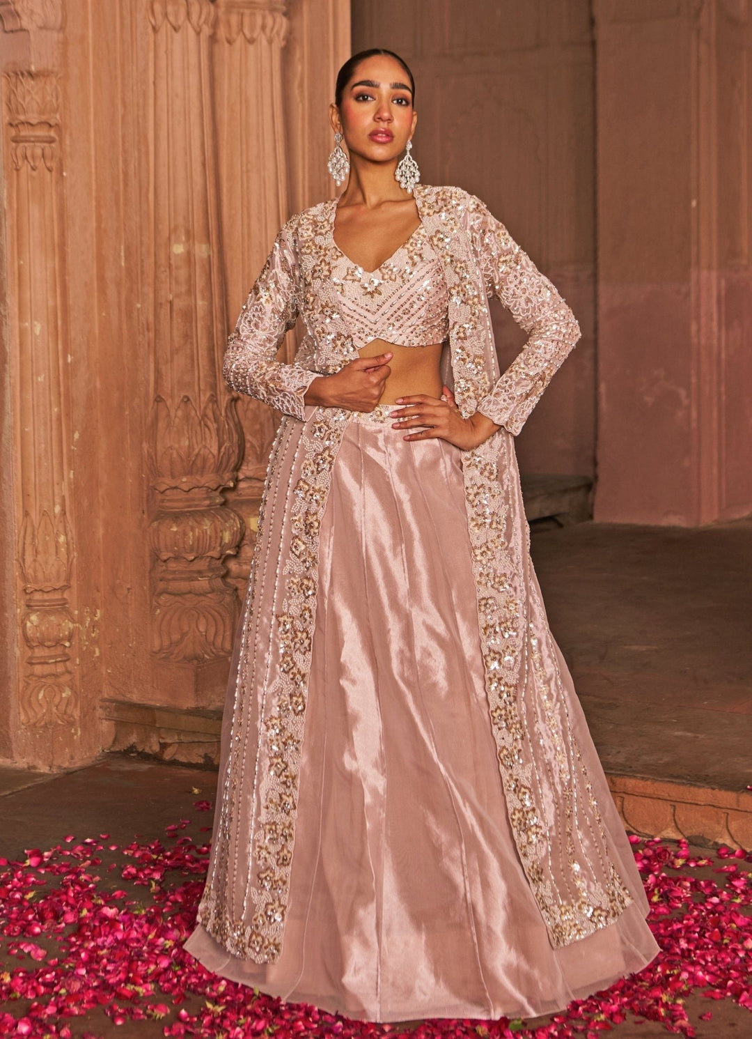 Blush Pink Sequin Embroidered Lehenga Set With Cape Nidhika Shekhar - Fabilicious Fashion