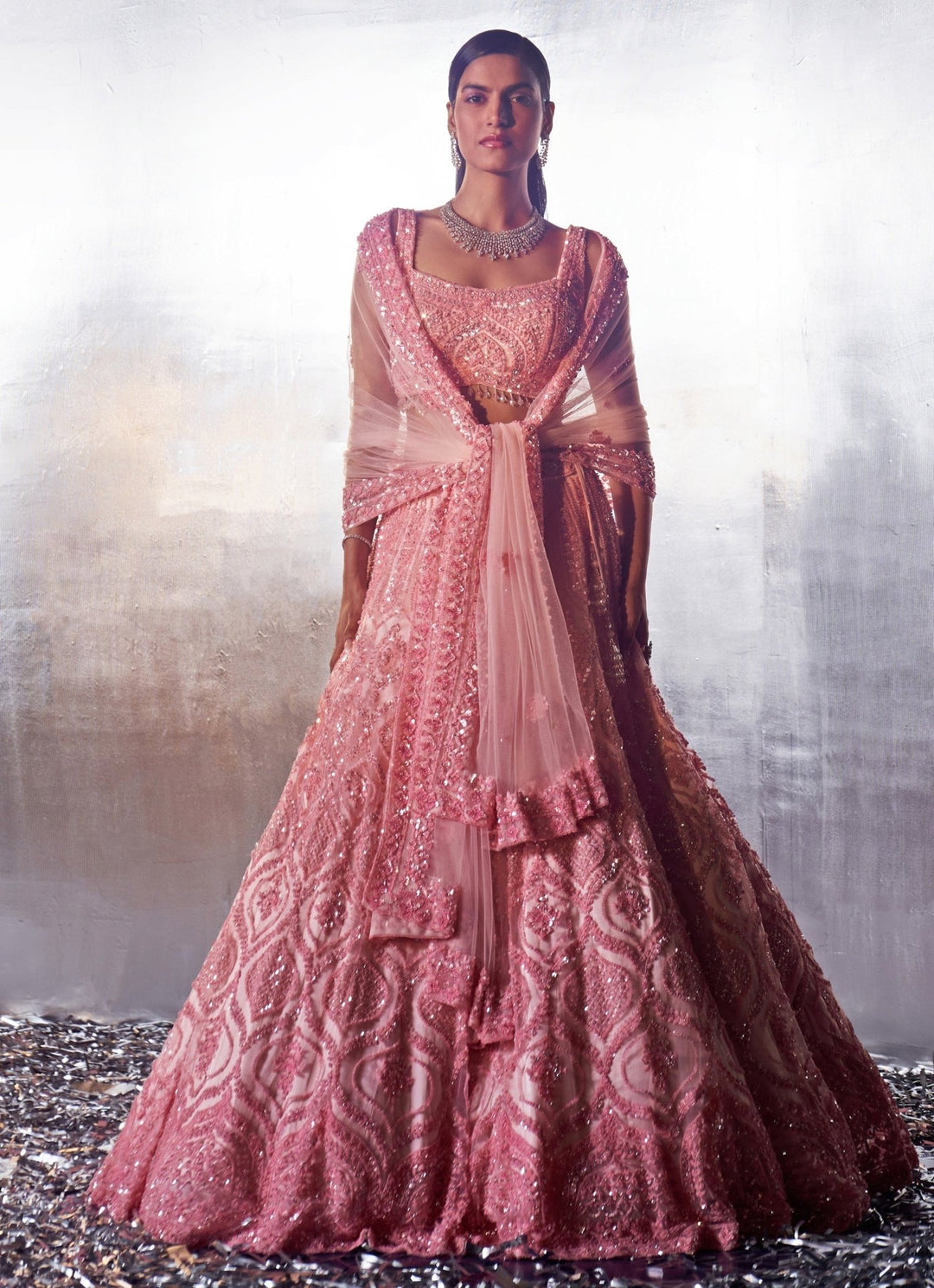 Blush Pink Sequins Embroidered Bridal Lehenga set Angad Singh - Fabilicious Fashion