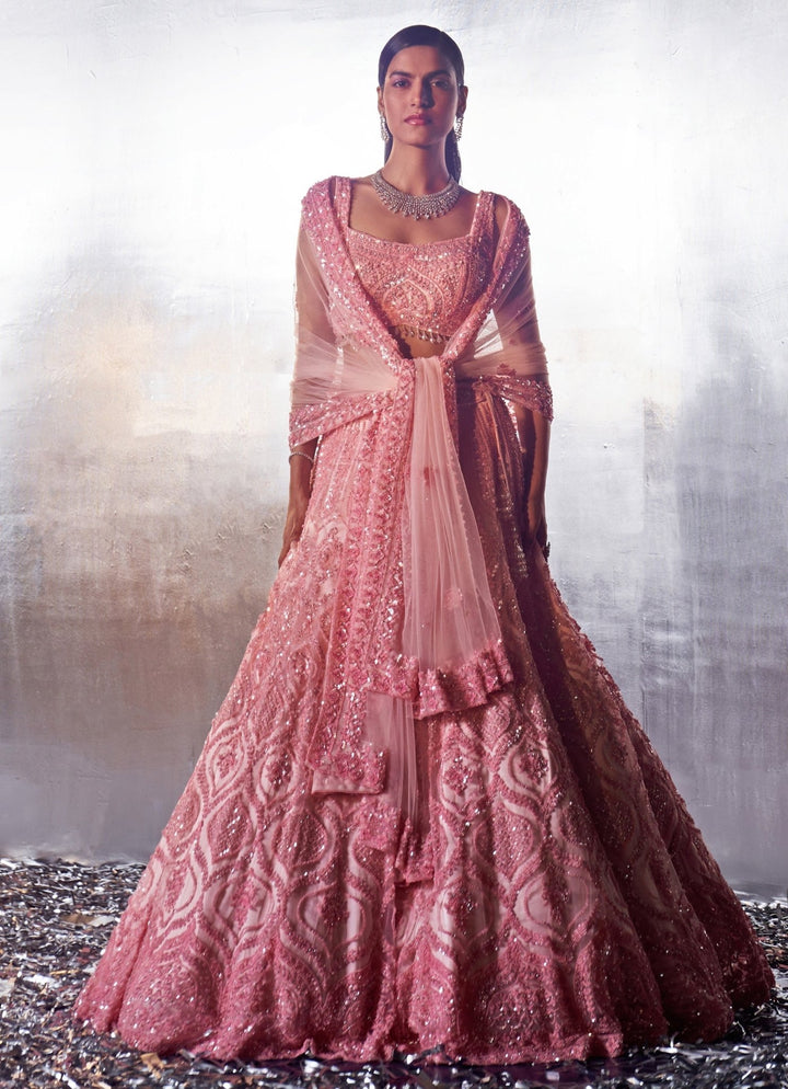 Blush Pink Sequins Embroidered Bridal Lehenga set Angad Singh - Fabilicious Fashion