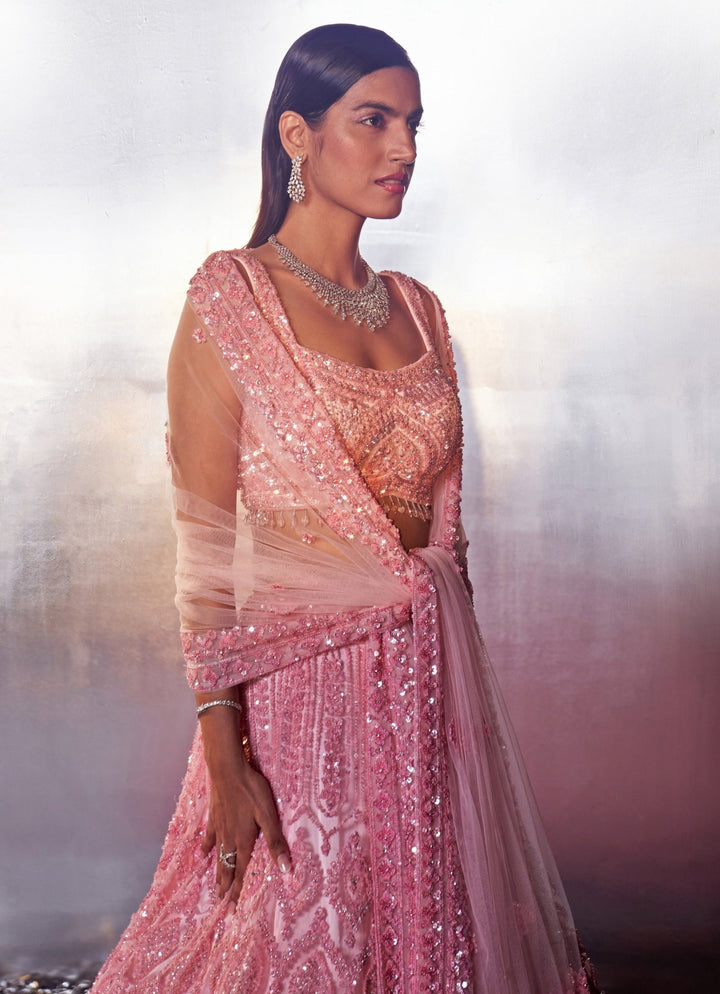Blush Pink Sequins Embroidered Bridal Lehenga set Angad Singh - Fabilicious Fashion