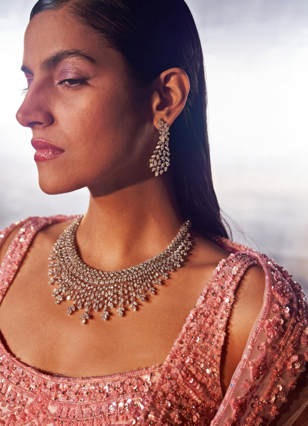 Embroidered Lehenga Earrings With Pink Lehenga Blush Pink Sequins