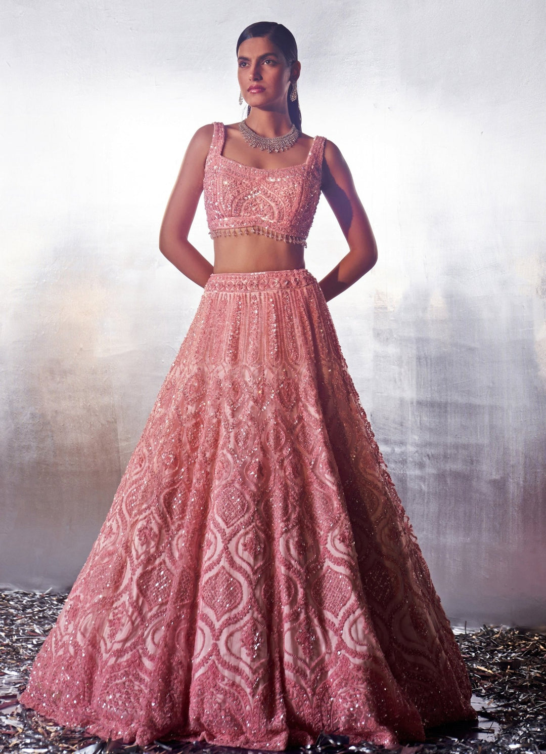Blush Pink Sequins Embroidered Bridal Lehenga set Angad Singh - Fabilicious Fashion