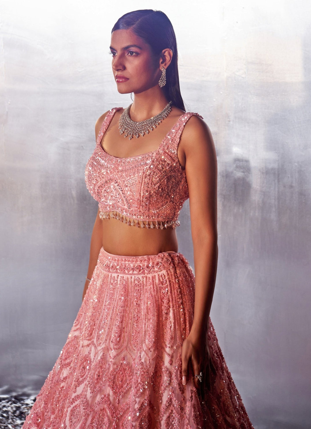 Blush Pink Sequins Embroidered Bridal Lehenga set Angad Singh - Fabilicious Fashion