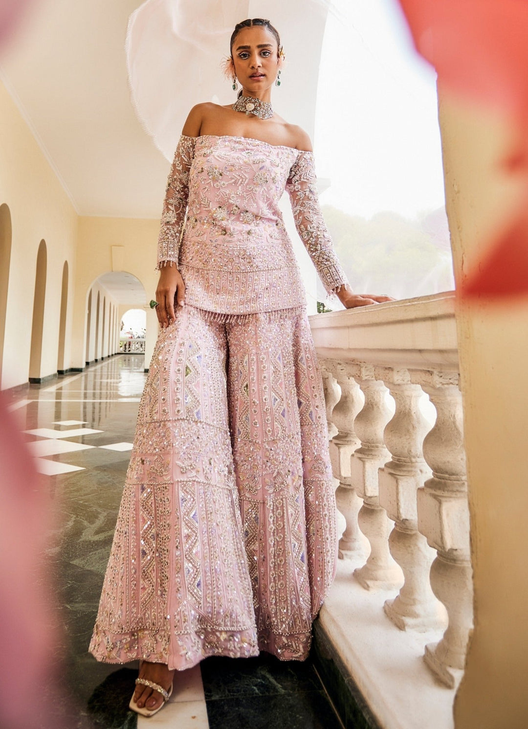 Blush Pink Sequins Embroidered Kurta Sharara Set Mani Bhatia - Fabilicious Fashion