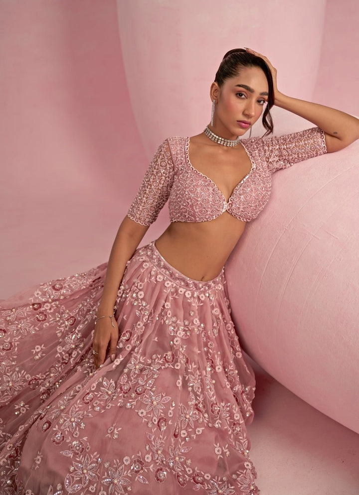 Blush Pink Sequins Embroidered Organza Lehenga Set Prevasu - Fabilicious Fashion