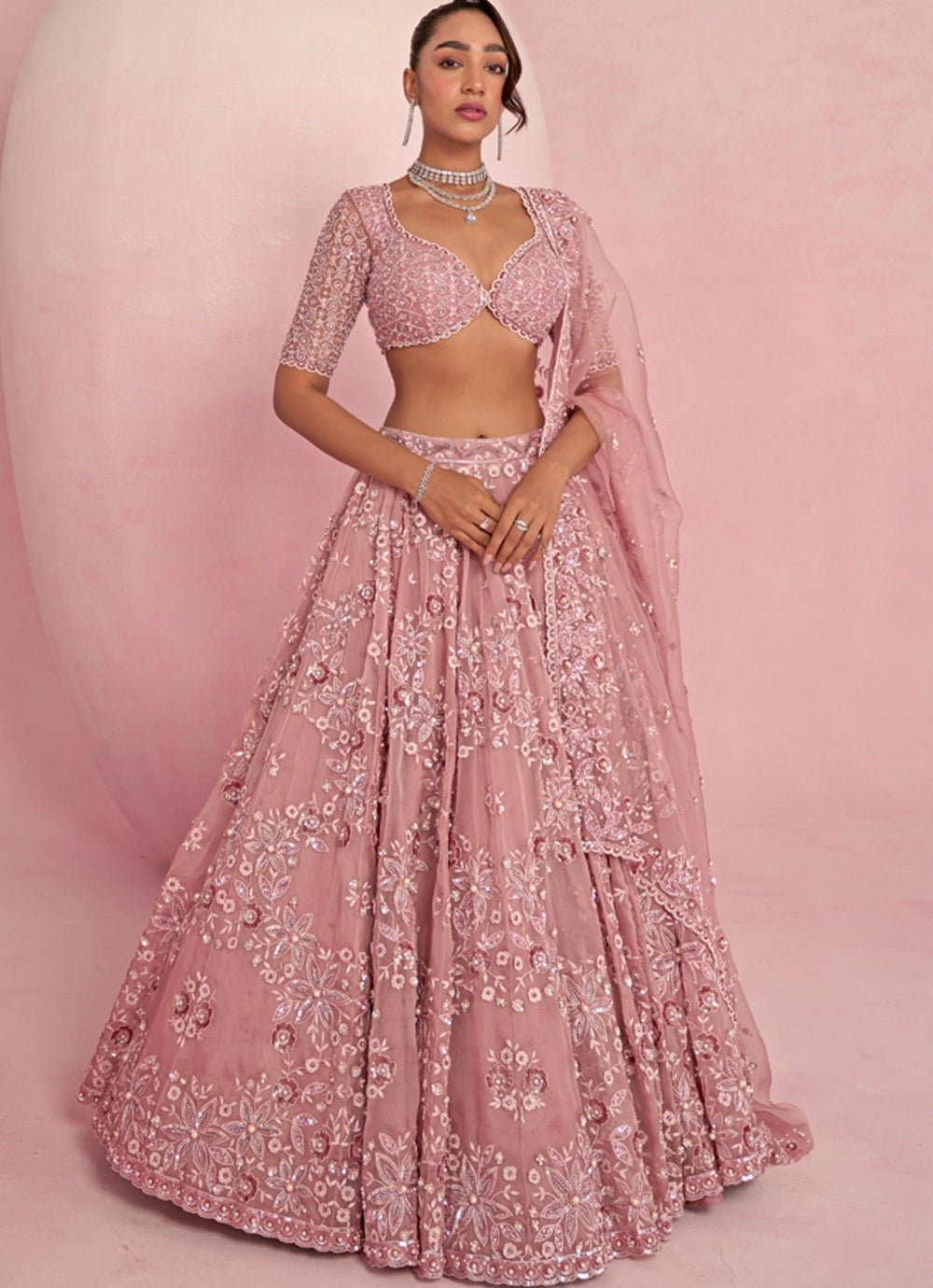 Blush Pink Sequins Embroidered Organza Lehenga Set Prevasu - Fabilicious Fashion