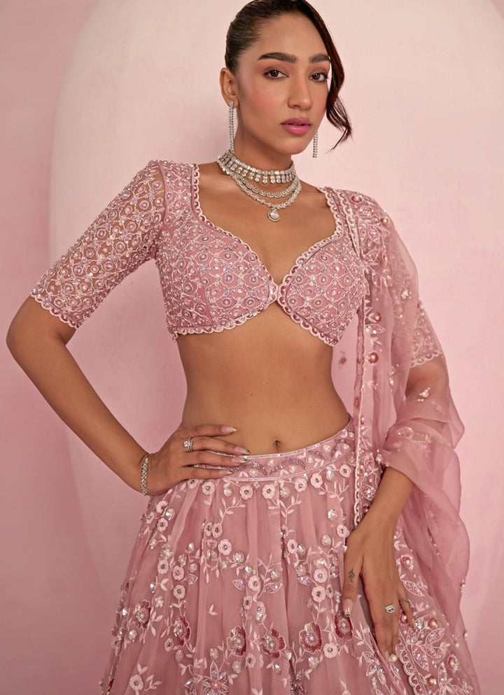 Blush Pink Sequins Embroidered Organza Lehenga Set Prevasu - Fabilicious Fashion