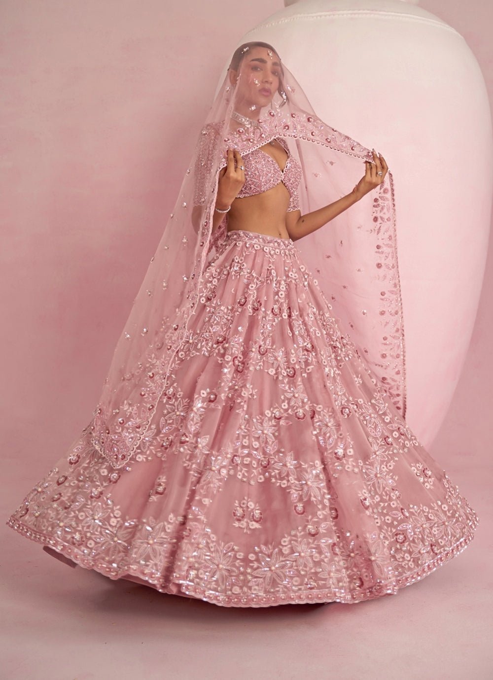 Blush Pink Sequins Embroidered Organza Lehenga Set Prevasu - Fabilicious Fashion