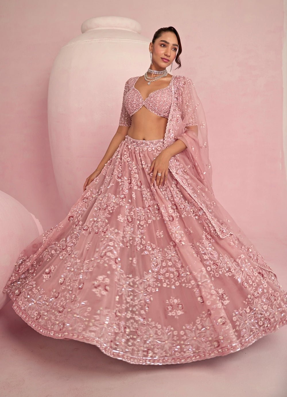 Blush Pink Sequins Embroidered Organza Lehenga Set Prevasu - Fabilicious Fashion
