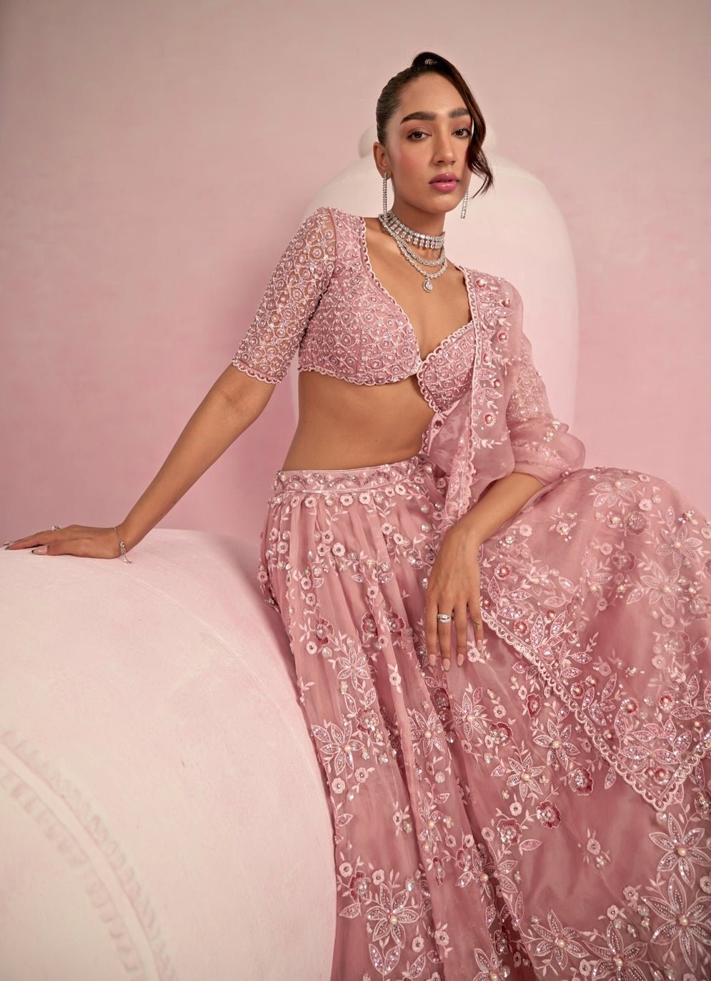 Blush Pink Sequins Embroidered Organza Lehenga Set Prevasu - Fabilicious Fashion