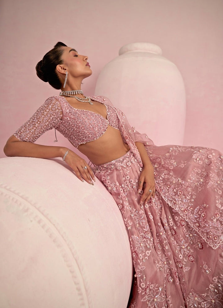 Blush Pink Sequins Embroidered Organza Lehenga Set Prevasu - Fabilicious Fashion
