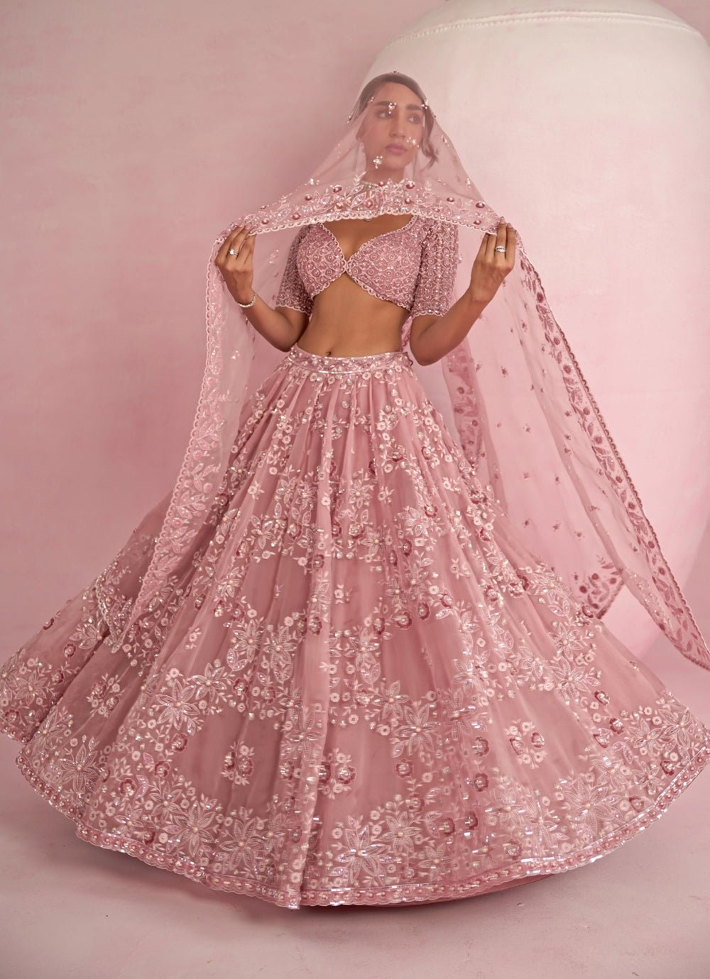 Blush Pink Sequins Embroidered Organza Lehenga Set Prevasu - Fabilicious Fashion