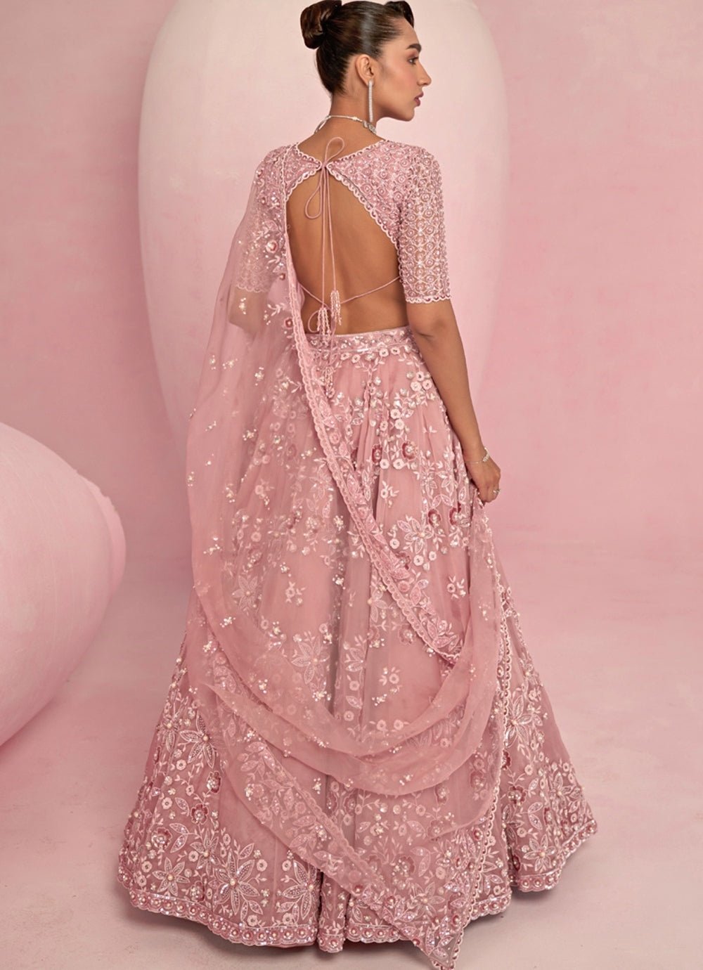 Blush Pink Sequins Embroidered Organza Lehenga Set Prevasu - Fabilicious Fashion
