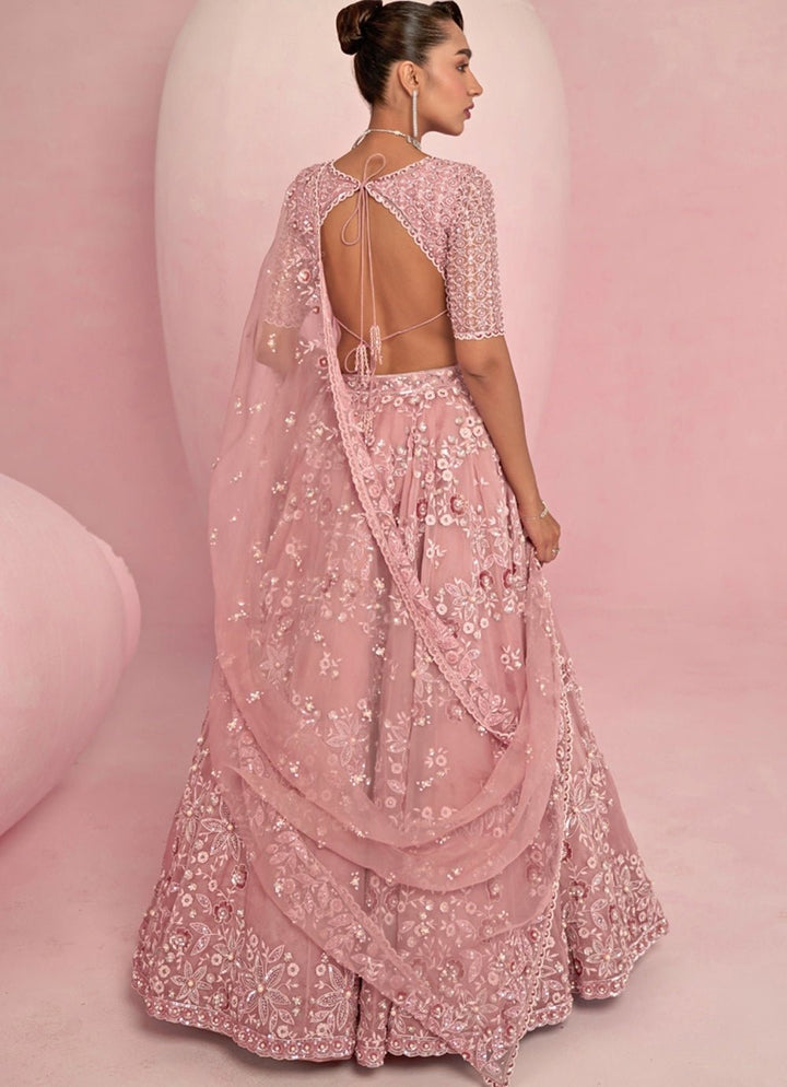 Blush Pink Sequins Embroidered Organza Lehenga Set Prevasu - Fabilicious Fashion