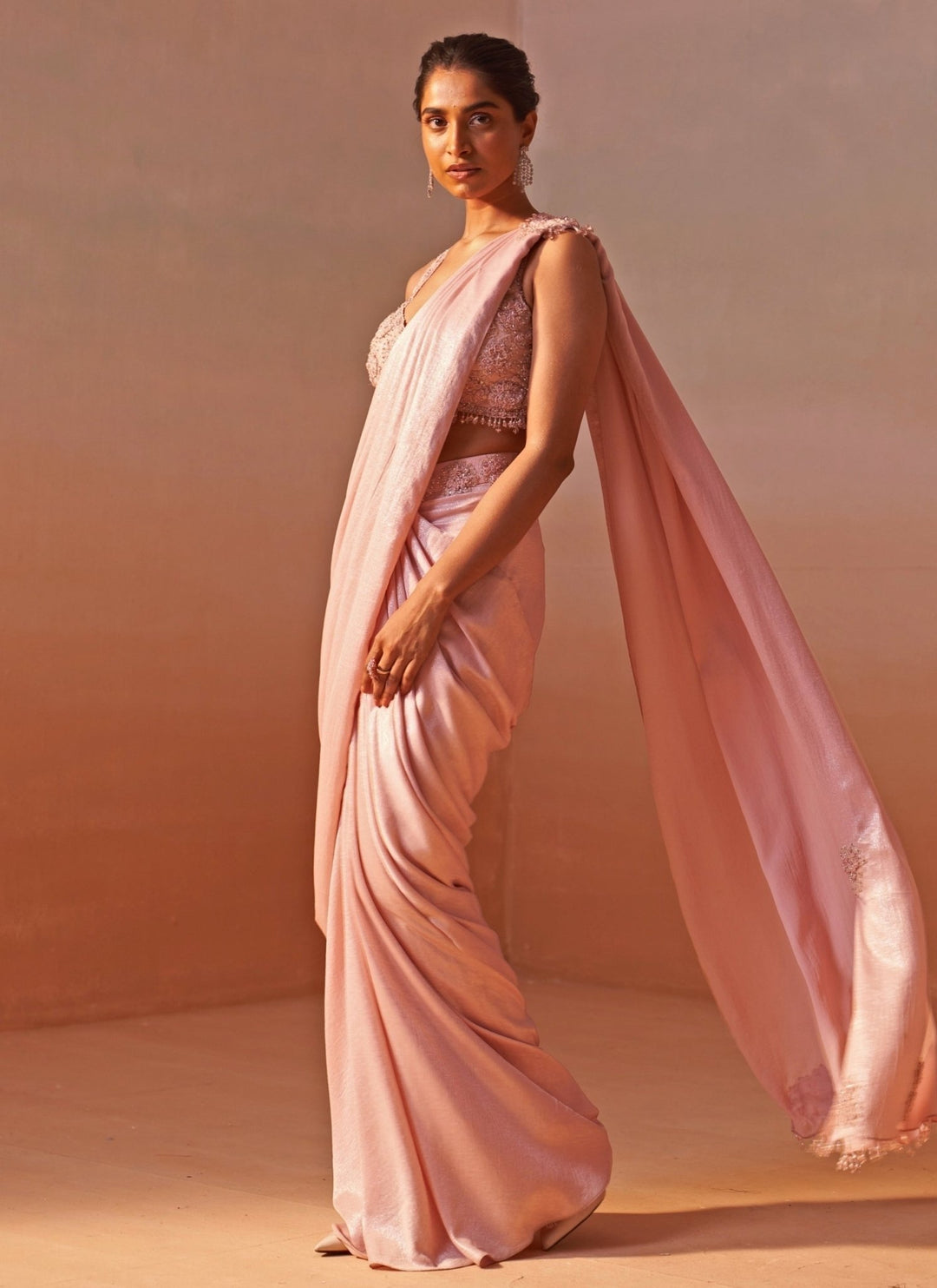 Nitika Gujral Blush Pink Shimmer Satin Pre Draped SareeFabilicious Fashion