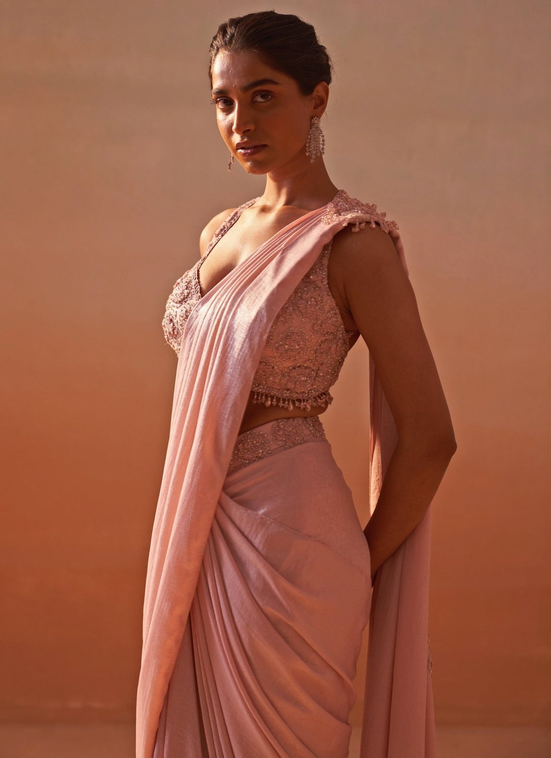 Nitika Gujral Blush Pink Shimmer Satin Pre Draped SareeFabilicious Fashion
