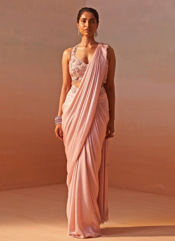Nitika Gujral Blush Pink Shimmer Satin Pre Draped SareeFabilicious Fashion