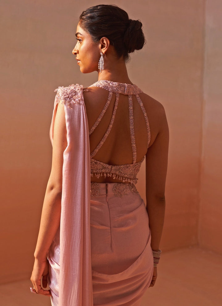 Nitika Gujral Blush Pink Shimmer Satin Pre Draped SareeFabilicious Fashion