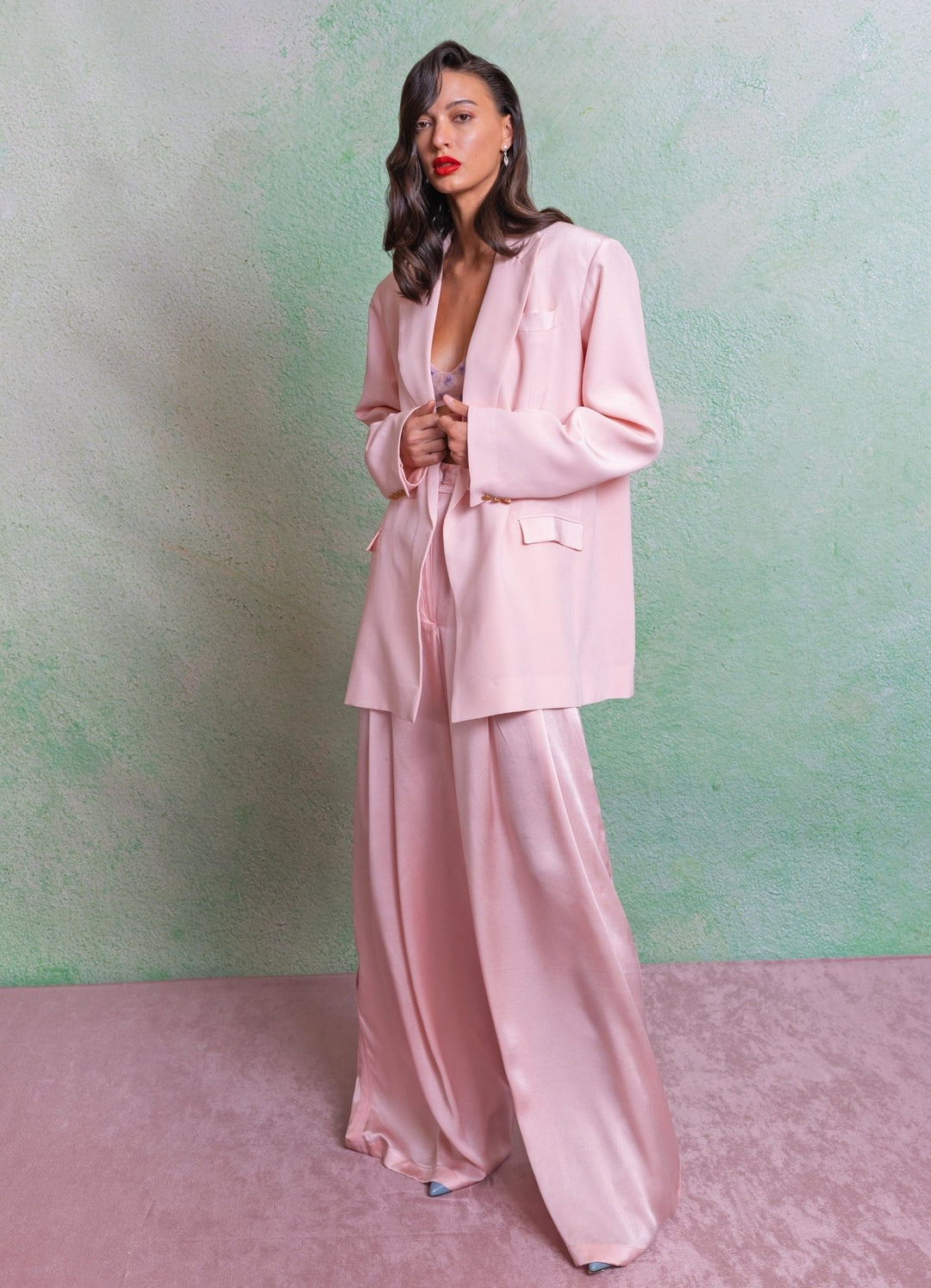 The Little Black Bow Blush Pink Silk Jacket Pants SetFabilicious Fashion