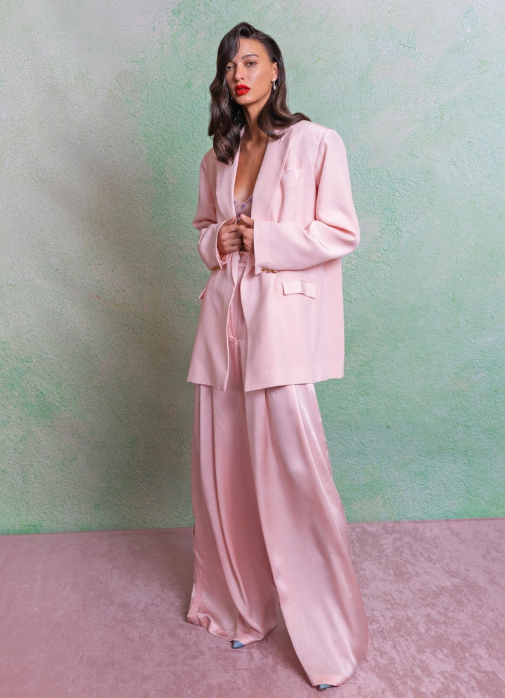 The Little Black Bow Blush Pink Silk Jacket Pants SetFabilicious Fashion
