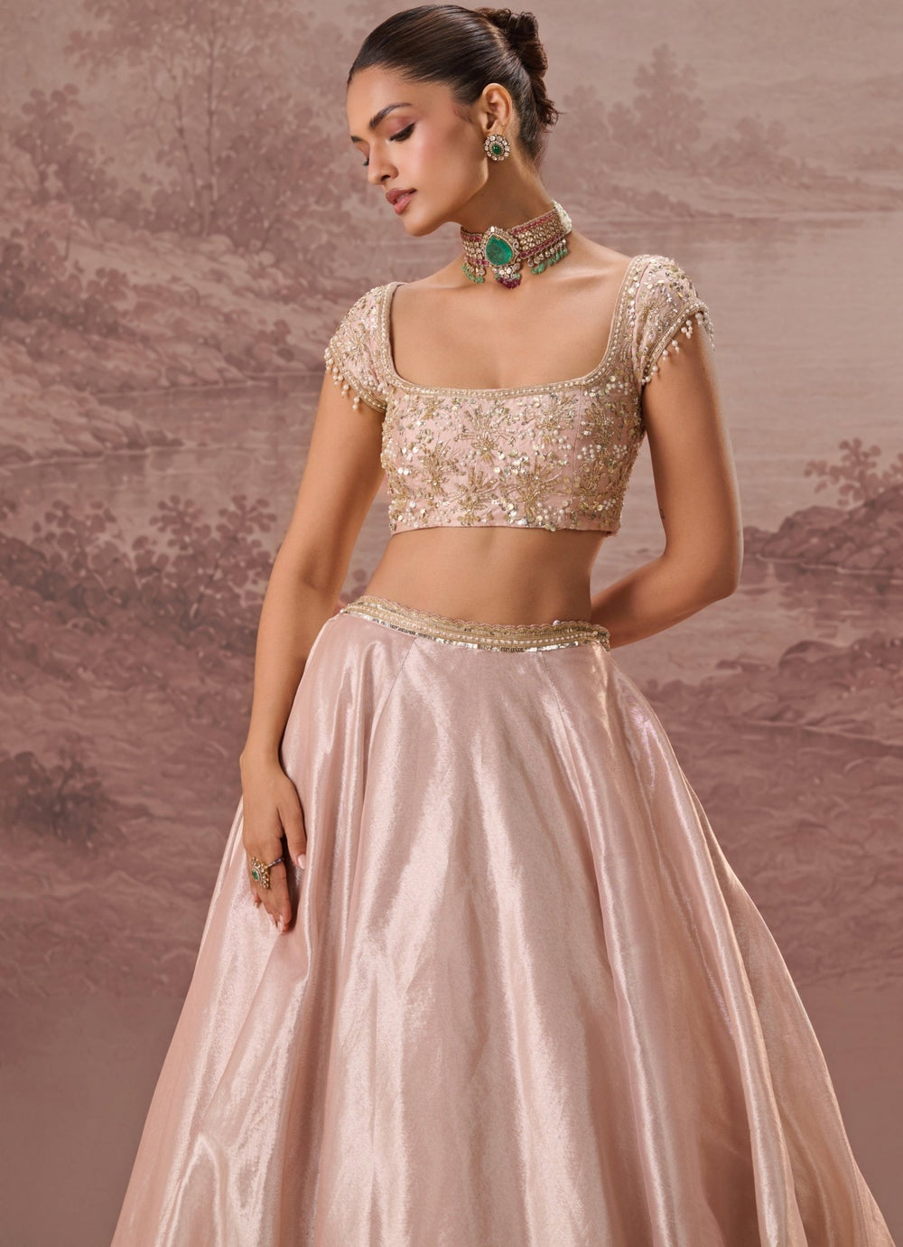 Parul Gandhi Blush Pink Silk Tissue LehengaFabilicious Fashion