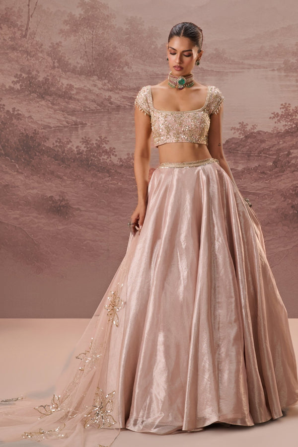 Blush pink silk tissue lehenga by Parul Gandhi