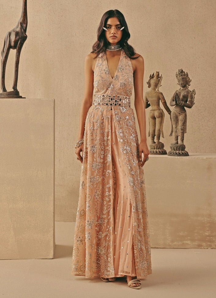 Twenty Nine Blush Pink Soft Net Halter Slit Dress With PantsFabilicious Fashion