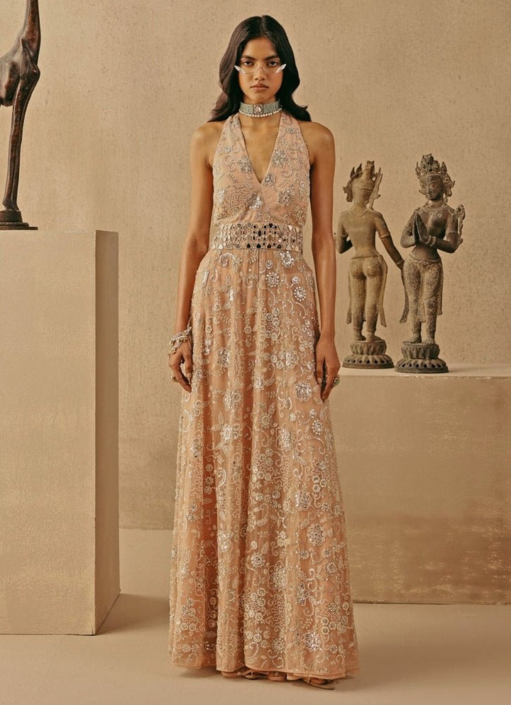 Twenty Nine — Blush Pink Soft Net Halter Slit Dress With Pants – Fabilicious Fashion