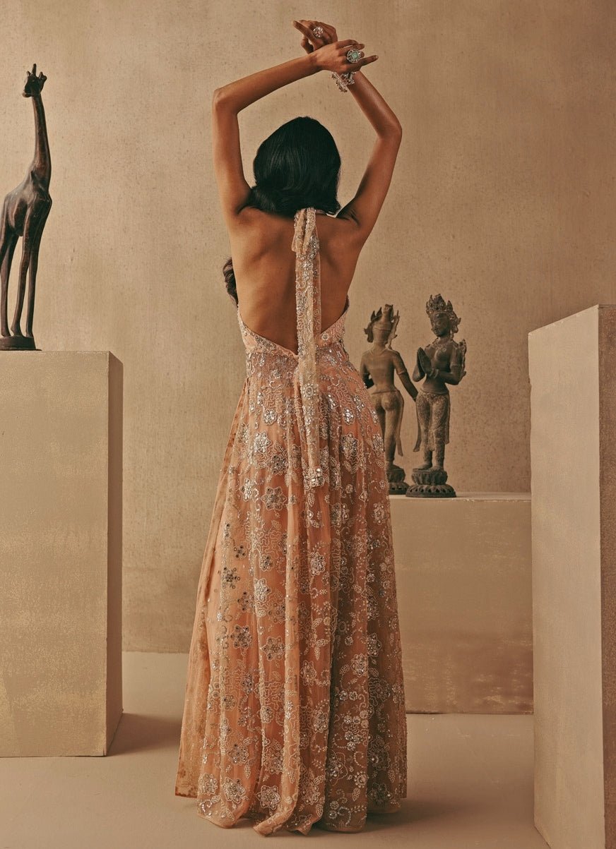 Twenty Nine Blush Pink Soft Net Halter Slit Dress With PantsFabilicious Fashion