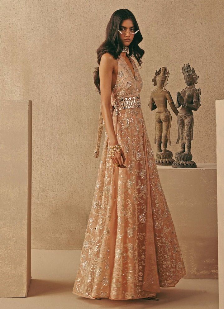 Twenty Nine — Blush Pink Soft Net Halter Slit Dress With Pants –  Fabilicious Fashion