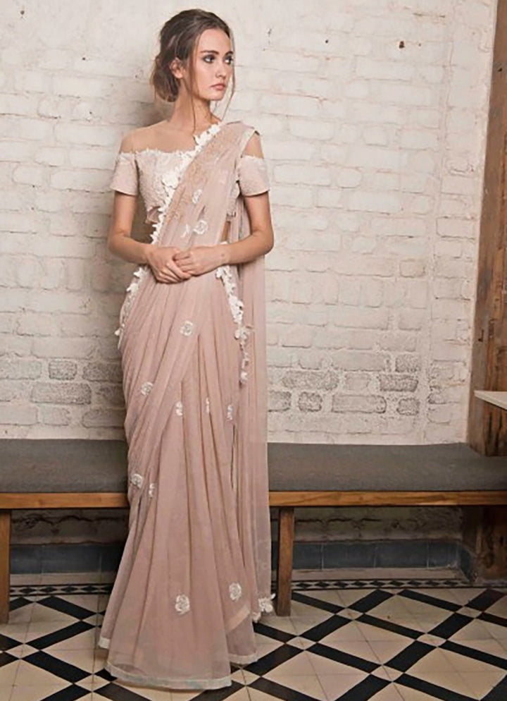 The Little Black Bow Blush Pink Soft Net Hand Printed SareeFabilicious Fashion