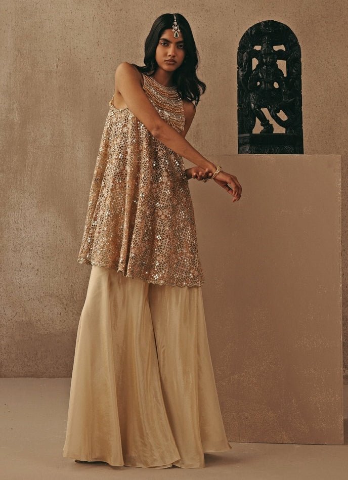 Blush Pink Soft Net Kurta With Flared Pants Twenty Nine - Fabilicious Fashion