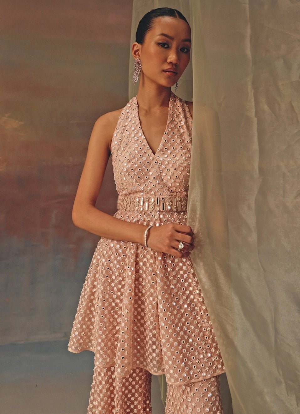 Twenty Nine Blush Pink Soft Net Mirrorwork Kurta ShararaFabilicious Fashion