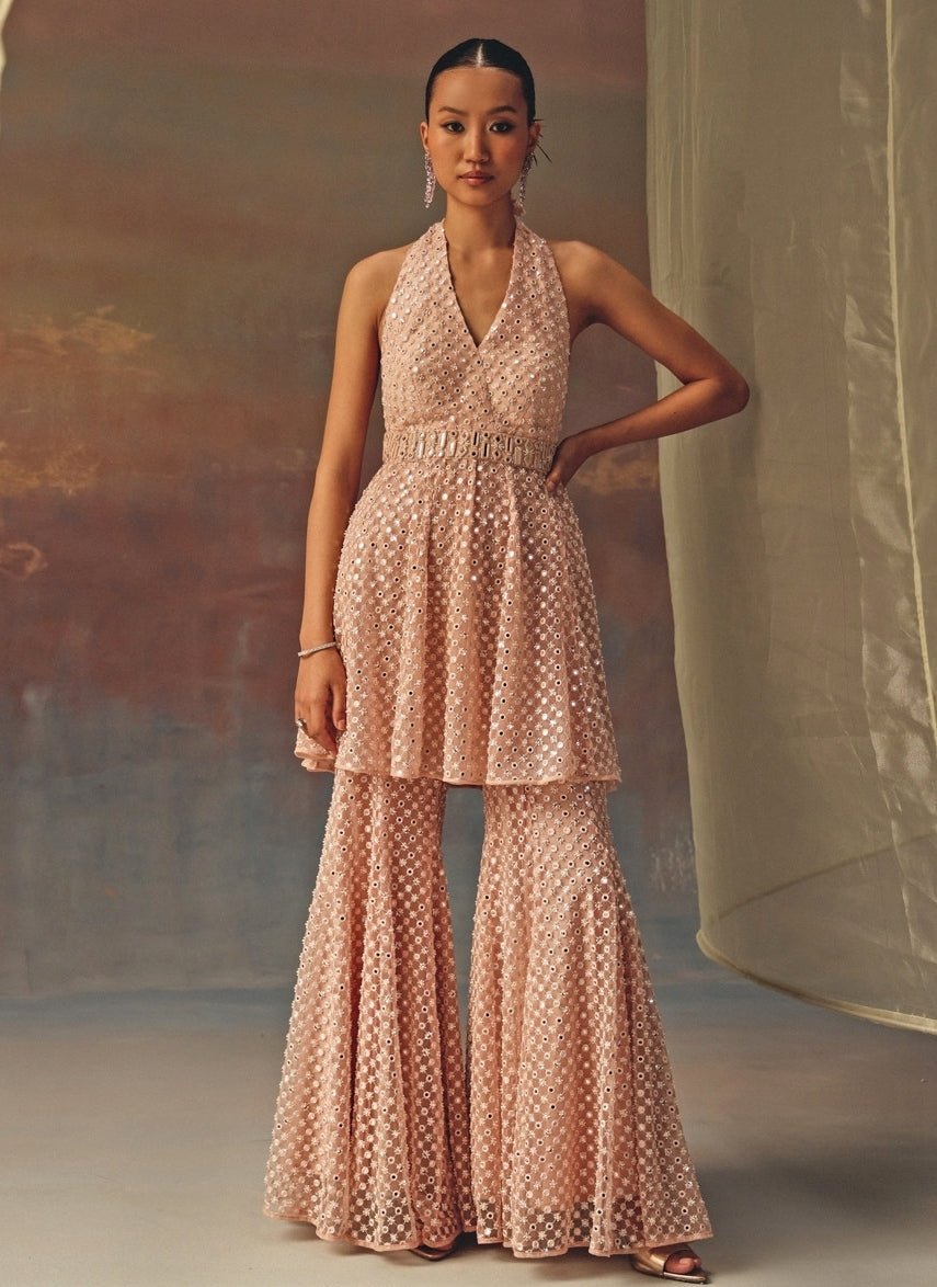 Twenty Nine Blush Pink Soft Net Mirrorwork Kurta ShararaFabilicious Fashion